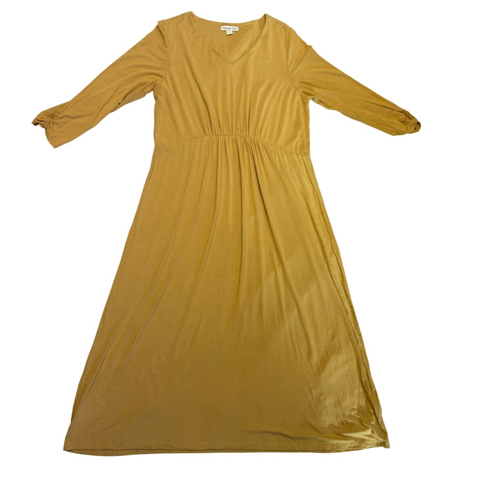 Coldwater Creek Maxi Dress Womens 1X Yellow V-Neck 3/4 Sleeve Empire Waist